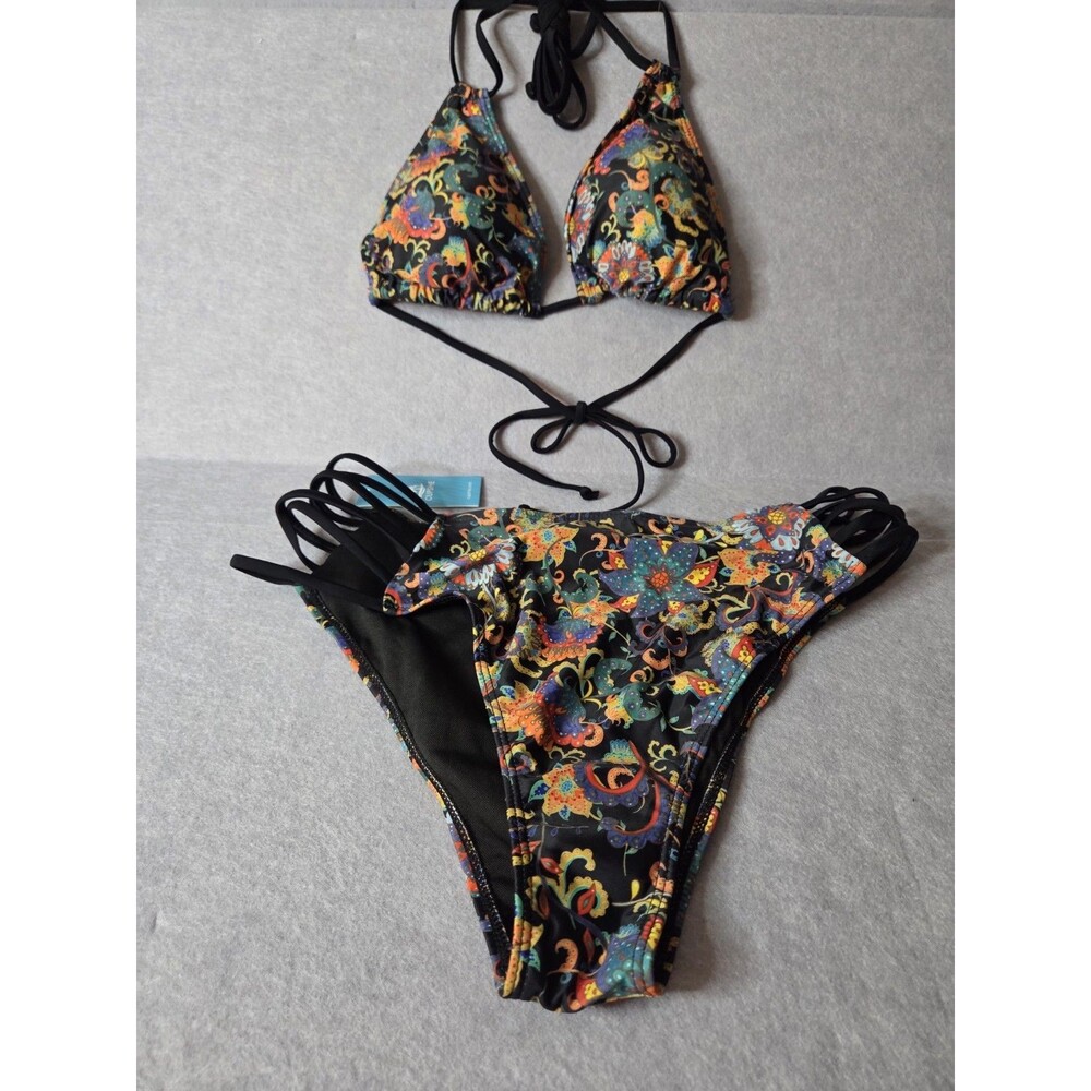 CUPSHE Black Floral Paisley Sz XL Triangle Bikini Womens 2pc Strappy Side Ties
